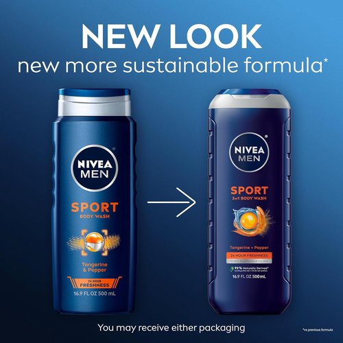 NIVEA Men Sport Body Wash - Revitalizing Minerals & Tangerine Pepper Scent | 3-in-1 Formula, 16.9 Fl Oz