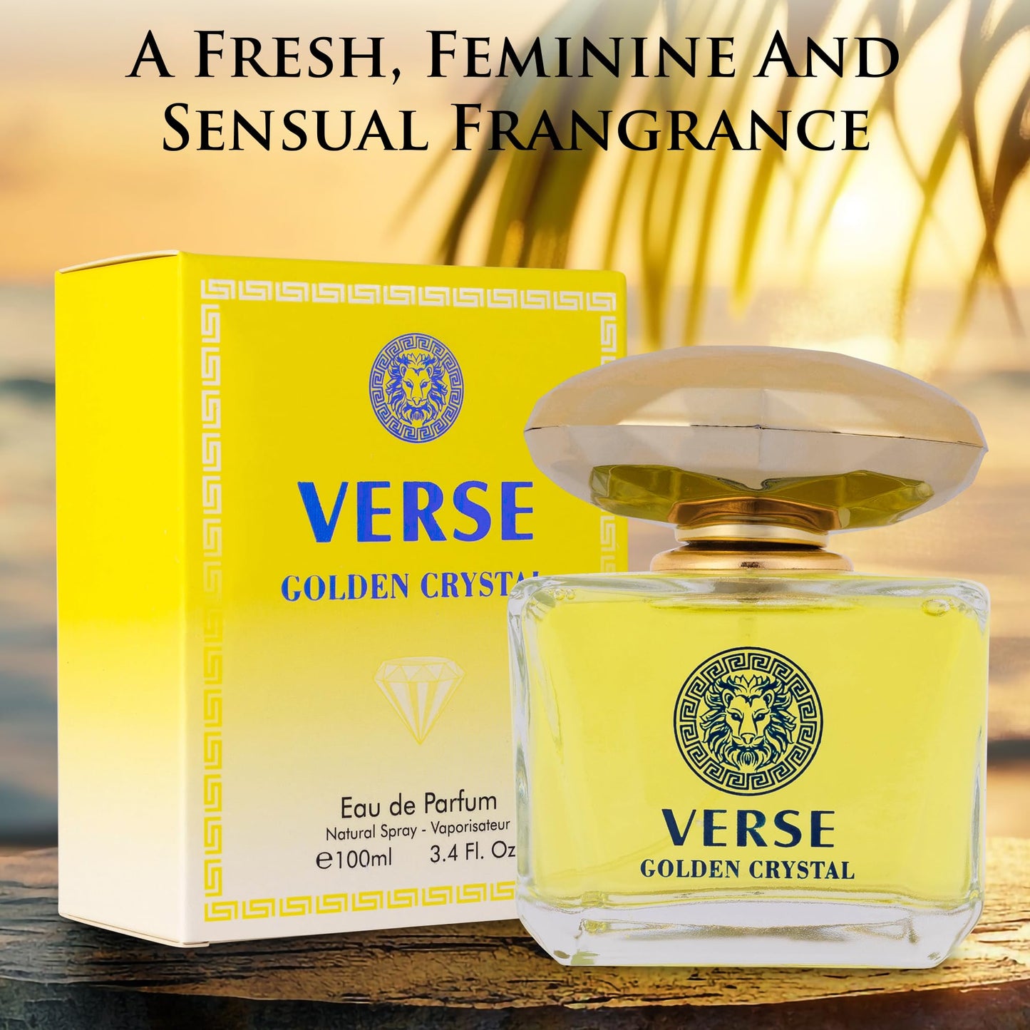 Verse Golden Crystal for Women 3.4 fl Oz - Floral Fruity Fragrance - Top Notes of Amalfi Lemon, Bergamot & Neroli - Base Notes of Guaiac Wood, Amber & Musk - Free of Parabens - Elegant 100ml Bottle