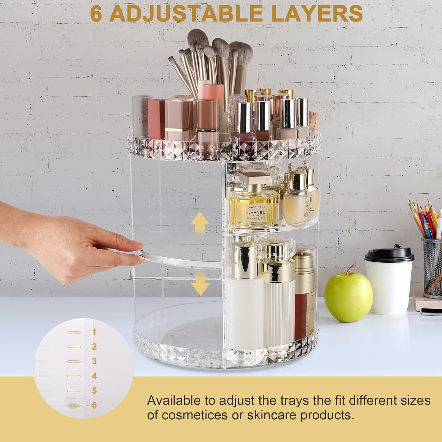 Rotating Makeup Organizer Clear Makeup Organizer with Lipstick Organizer, Large Capacity Makeup Organizer for Vanity 360 Spinning Perfume Organizer, 6-Layer Adjustable Makeup Organizers