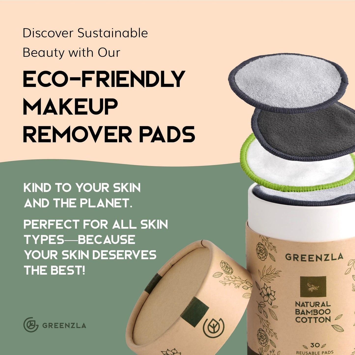 Greenzla Reusable Makeup Remover Pads, Washable Bamboo Cotton Rounds with Mesh Laundry Bag, Travel Pouch, Pad Holder - Reusable Cotton Rounds for All Skin Types - Perfect for Face Care, 30 Pack