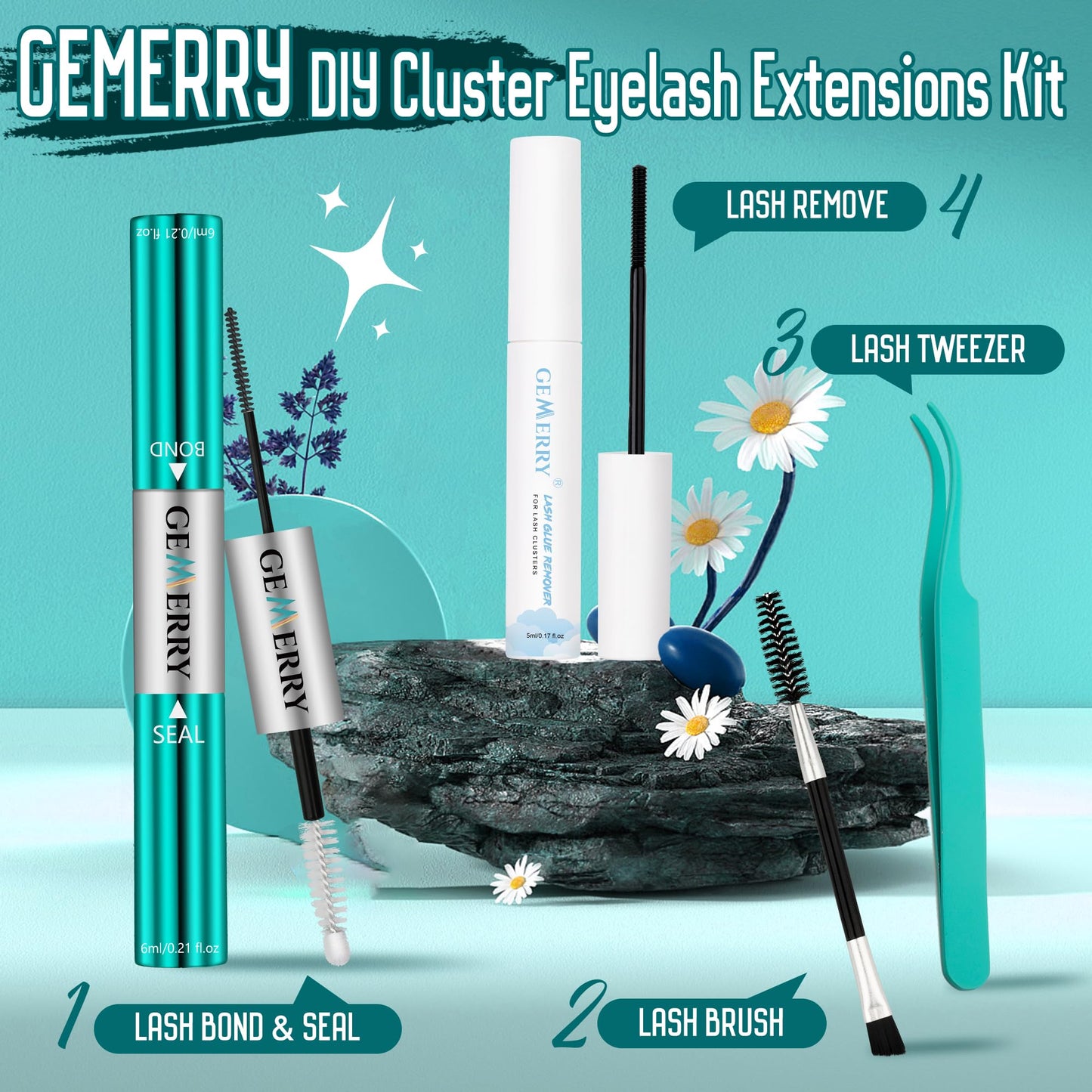 GEMERRY Lash Kit 3 PCS Lash Bond and Seal with Lash Glue Remover and Lash Tweezers Waterproof Eyeash Glue for Lash Clusters Fast Removal Lash Extension Remover Lash Applicator Tools for Beginners