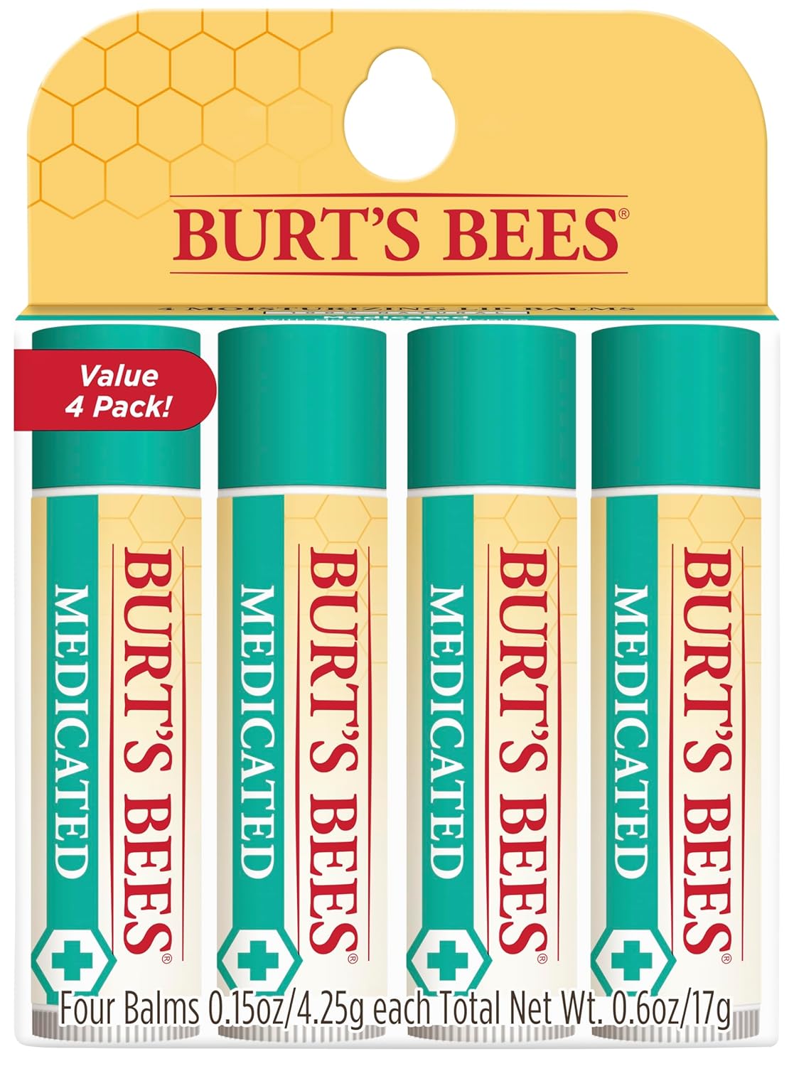 Burt's Bees Medicated Lip Balm - Eucalyptus Oil & Menthol - Natural Tint-Free Care | 4 Tubes, 0.15 oz