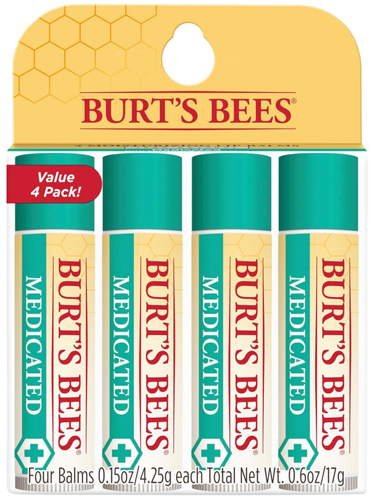 Burt's Bees Medicated Lip Balm - Eucalyptus Oil & Menthol - Natural Tint-Free Care | 4 Tubes, 0.15 oz