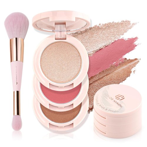 Color Nymph Contour Blush Highlighter Palette - 3-in-1 Shimmer & Matte Travel Kit with Brush & Mirror