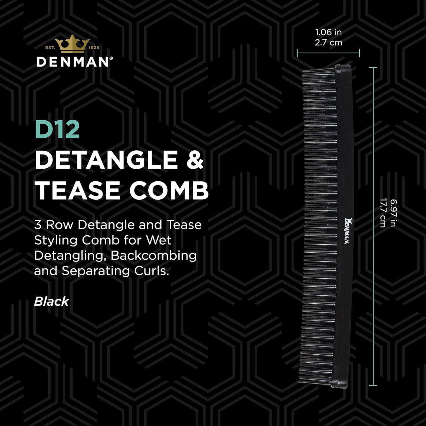 Denman Tame 'n' Tease Comb - Multifunctional Styling Tool in Classic Black