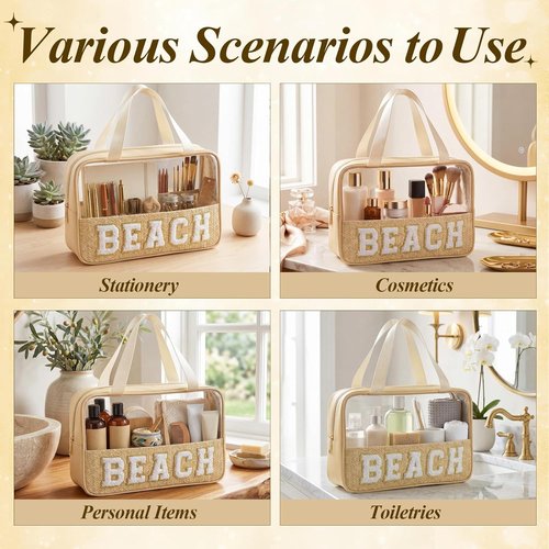 Kajaia Clear Beach Bag - Large Woven Transparent Makeup & Toiletry Storage | Boho Chenille Design - Beige