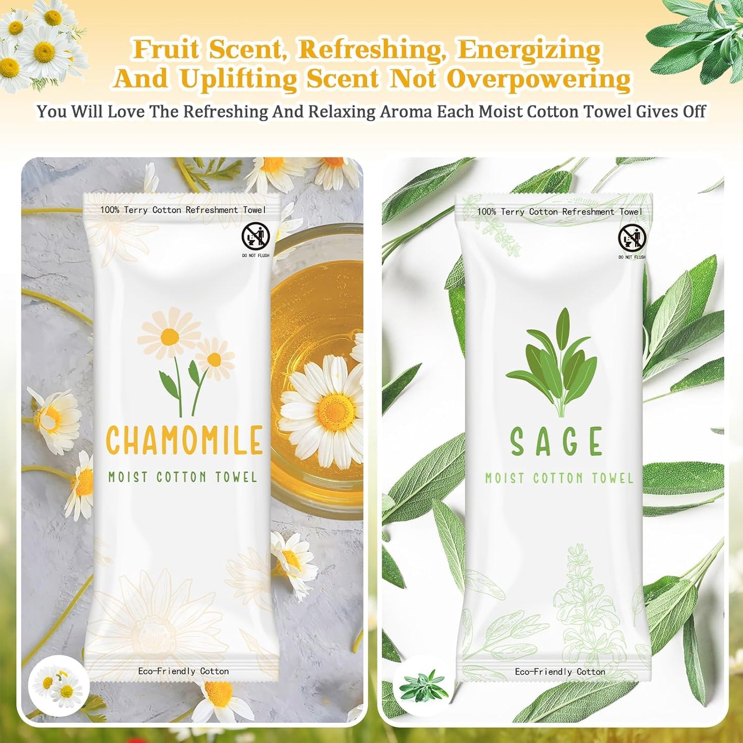 Timgle Moist Towelettes - 50 Individually Wrapped Scented Disposable Face Towels | Essential Oil Infused, Hot/Cold Use (Sage, Chamomile)