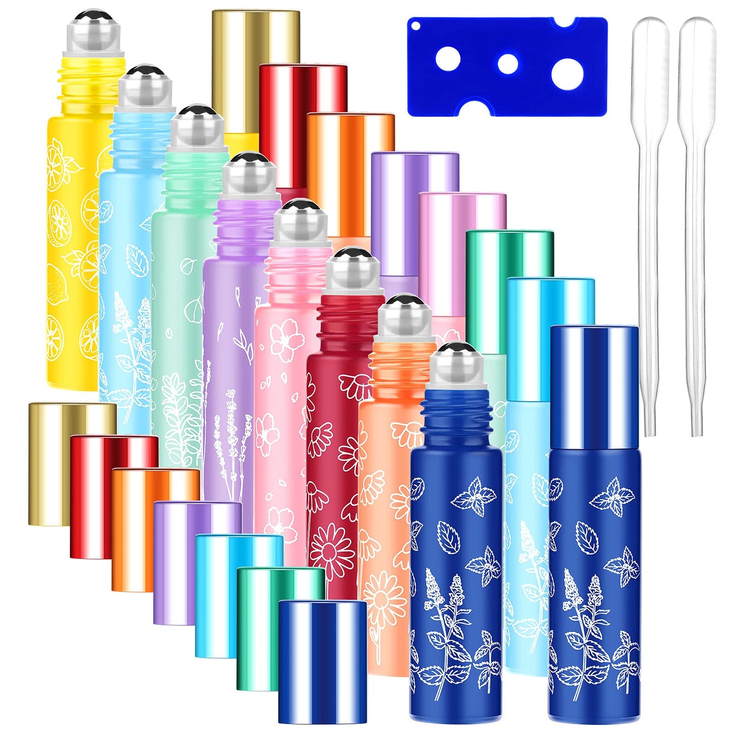 Essential Oil Roller Bottles,10ml Roll on Bottle with Stainless Steel Balls,8 Pack Portable Refillable Colorful Frosted Perfume Sample Bottles DIY Empty Containers for Lip Oil,Opener&Dropper included