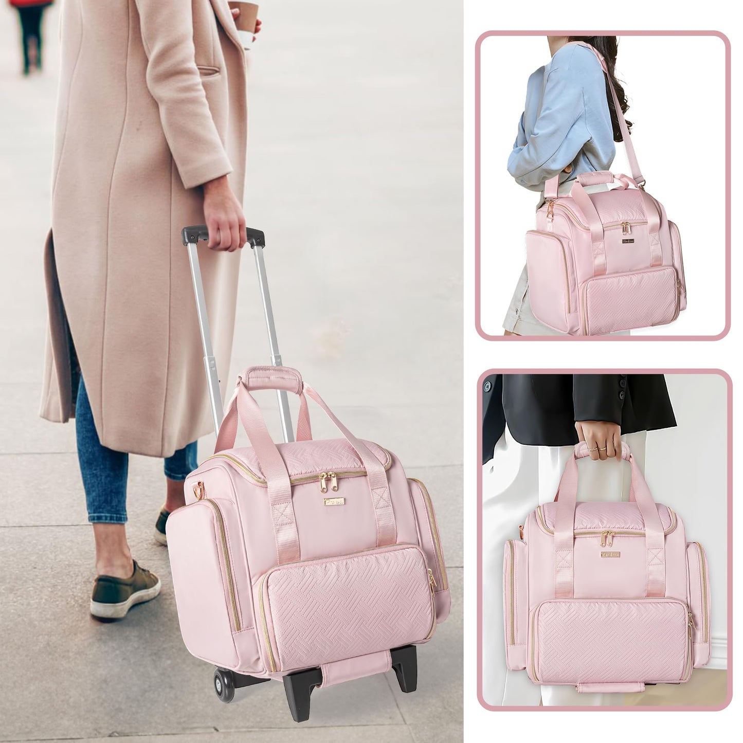 Prokva Rolling Makeup Case with 4 Removable Bags, Professional Makeup Train Case with Wheels, Makeup Artist Travel Bag with Brushes Storage Section, Pink (Patent Design)