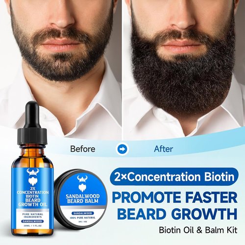 Beard Growth Oil & Balm Kit by [Brand Name] - 2X Biotin Concentration, Natural Argan & Jojoba Oils