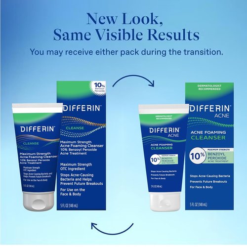 Differin Acne Face Wash - Maximum Strength 10% Benzoyl Peroxide Foaming Cleanser | 5 oz Fast-Acting Treatment