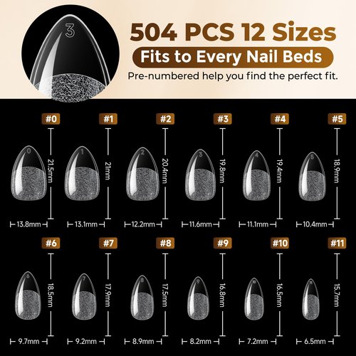 UNA GELLA Short Almond Nail Tips: 504PCS Short Fake Nails Soft Press On Gel Nail Tips Pre Shaped Almond Shape Home Nail Extension Full Cover, 12 Sizes Acrylic Gelly Tips