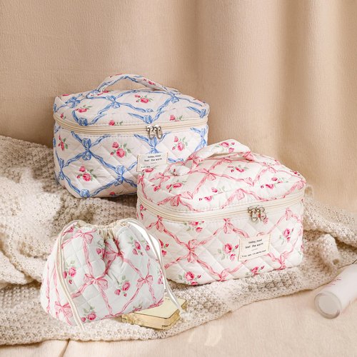 3pcs Large Cotton Quilted Makeup Bag Set,Coquette Aesthetic Cute Travel Toiletry Bag,Drawstring Gift Bag for Women and Girls(3Pcs Pink Bow)