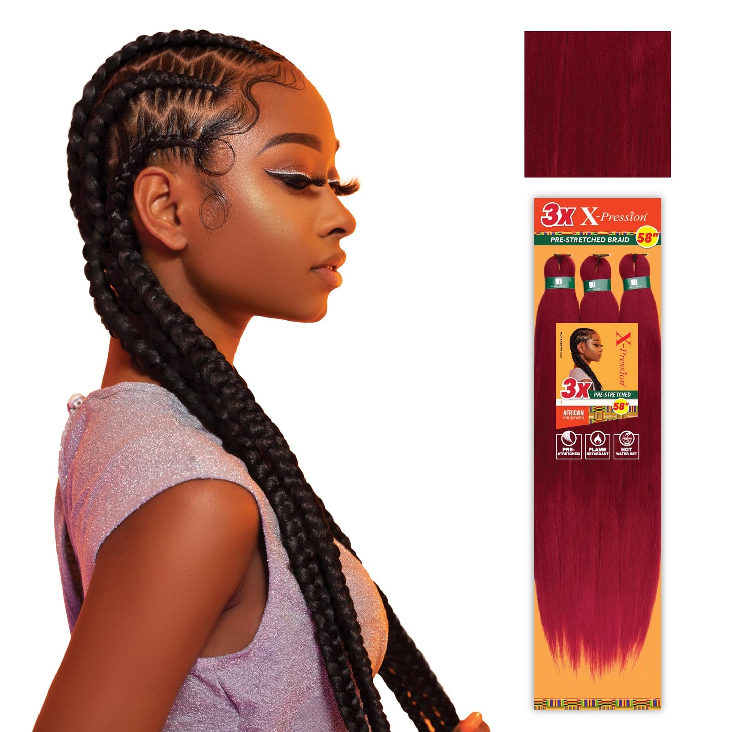 Sensationnel Xpression prestretched braiding hair - 3x xpression 58-inch flame retardant smooth yaki braid - 3x x-pression 58 inch (1 pack, BG BURGANDY)