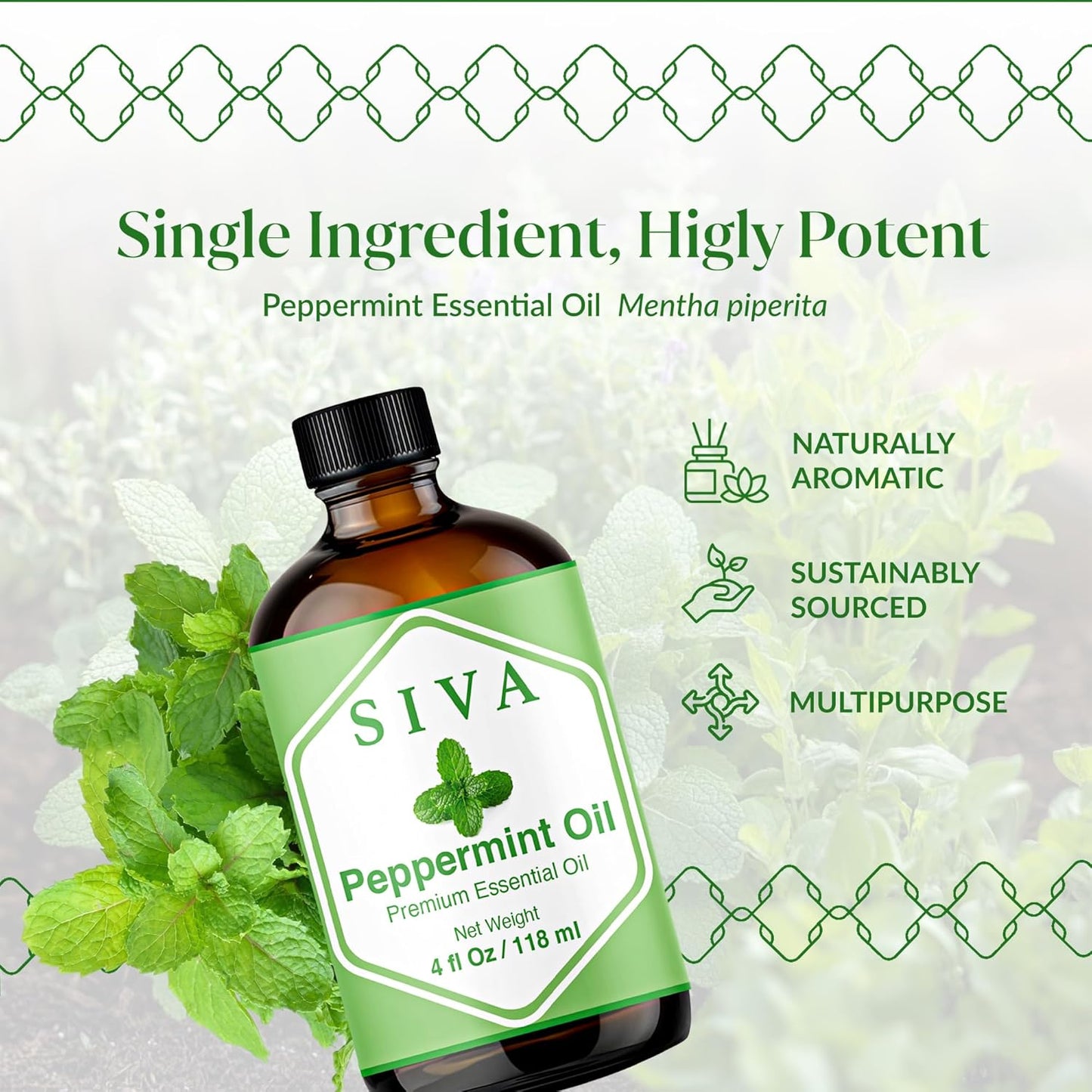 Siva Peppermint Essential Oil - 100% Natural Aromatherapy Oil - 4 Fl Oz for Diffuser, Skin Care & Massage