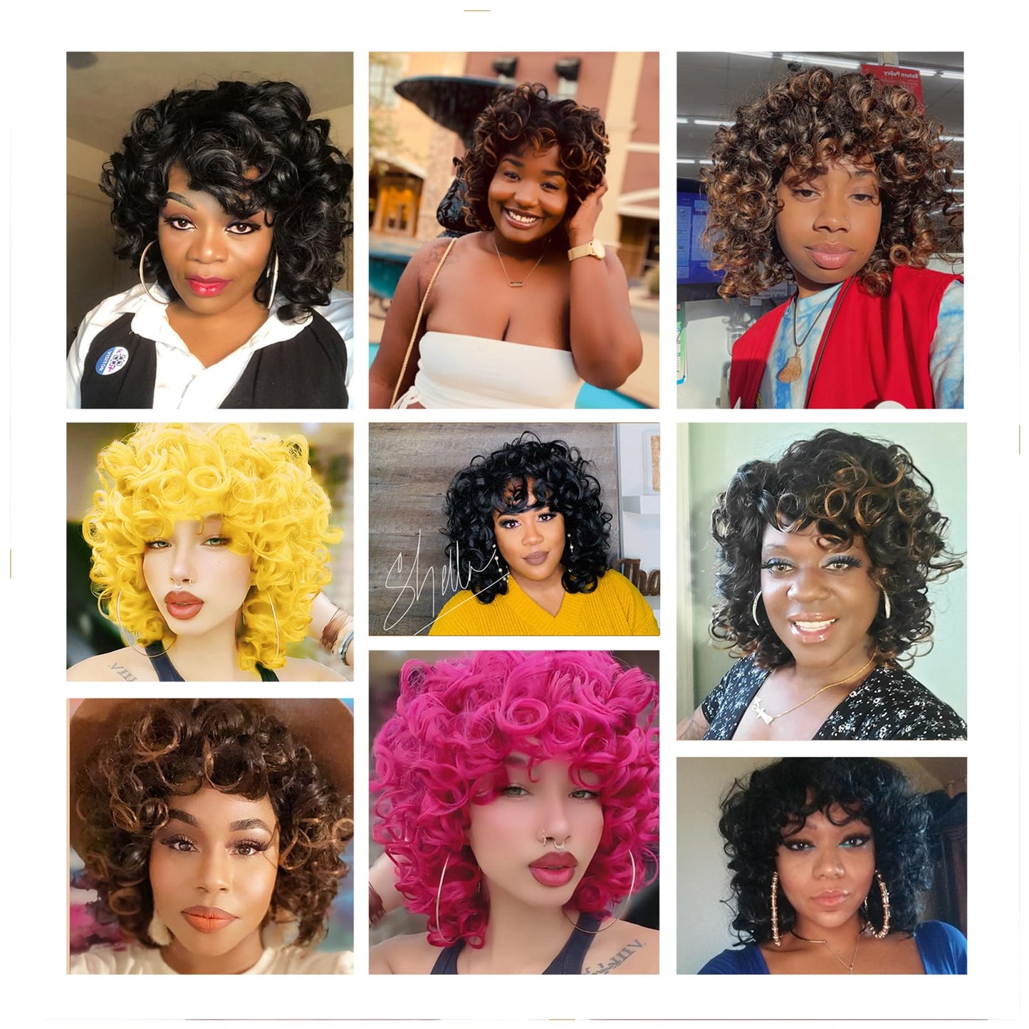 Kavsni Hot Pink Curly Wig for Black Women Soft Short Curly Wig with Bangs for American Women Wigs（Large Earrings+Makeup Sponge+Wig Cap） (Hot Pink)