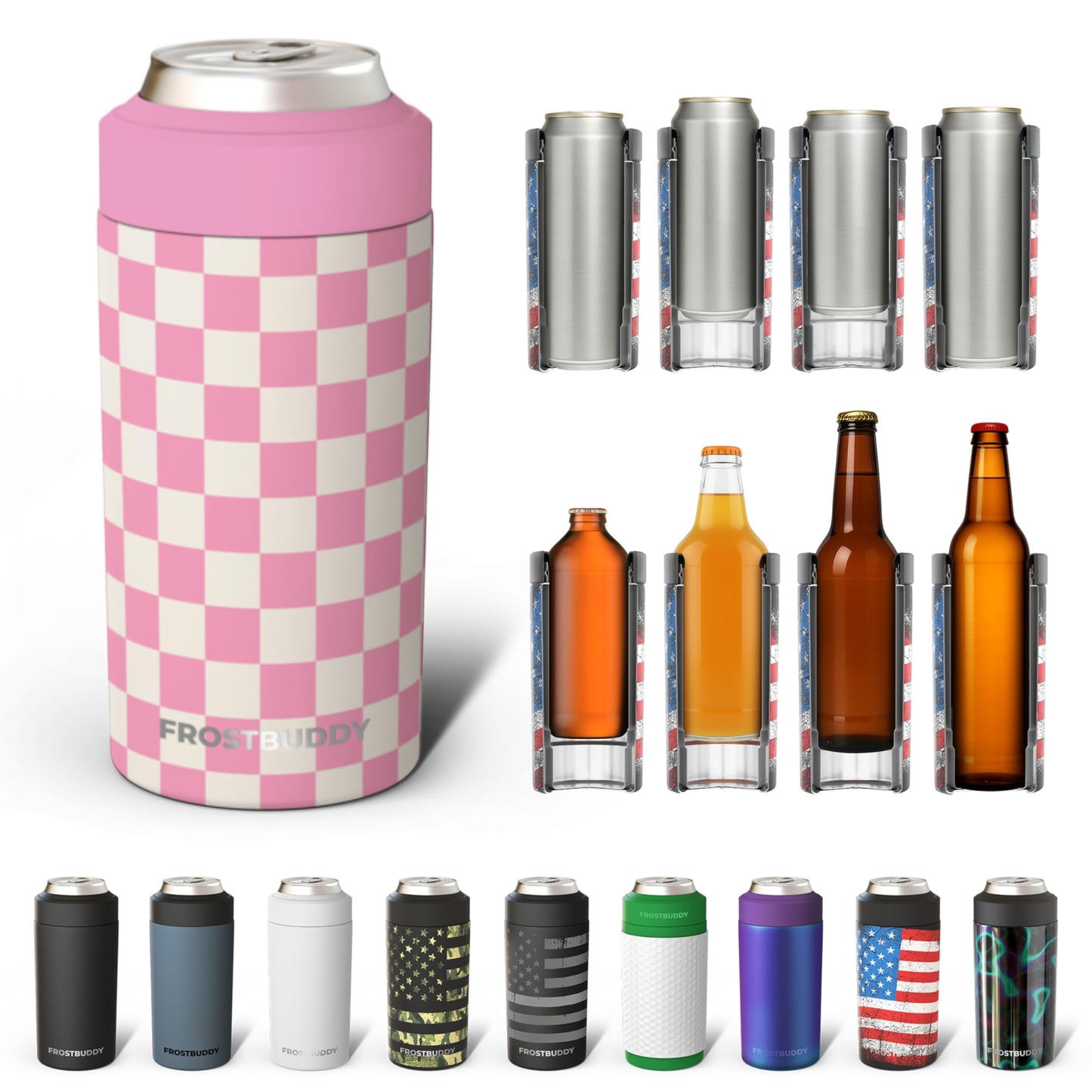 Frost Buddy Universal Buddy Can Cooler - Fits All - For Regular 12 & 16 oz or Slim-Size Bottles - Insulated Double -Walled Stainless Steel (All white)