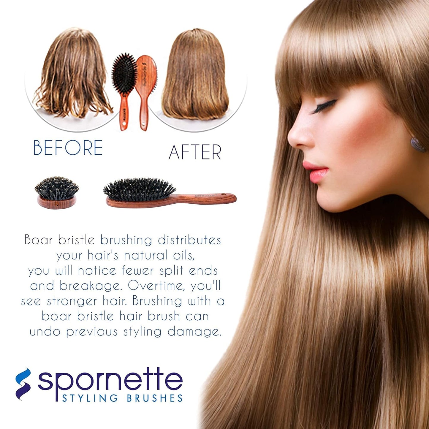Spornette Deville Boar Bristle Paddle Hair Brush - Cushion Oval for Smoothing, Detangling & Blow Drying