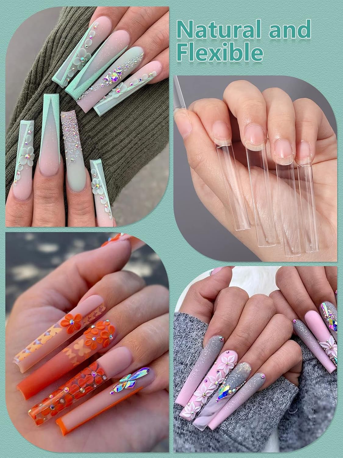 Skiennix 504 PCS No C Curve Clear Nail Tips - 3XL Extra Long Half Cover Tapered Square for DIY & Salons