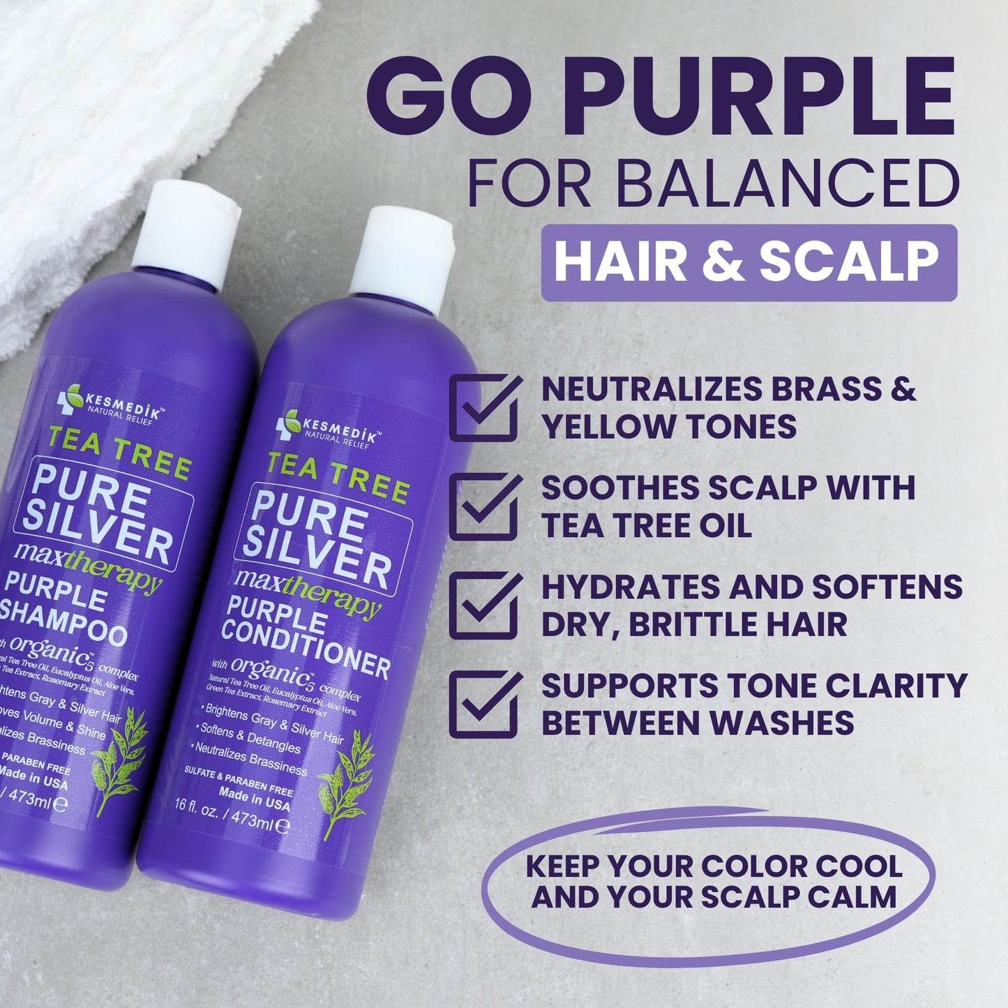 Tea Tree Purple Shampoo & Conditioner Set with Rosemary & Aloe, Professional Anti Brass Toner, Removes Yellow Tones for Gray, Bleached, White & Blonde Hair, Refreshes Scalp, Sulfate-Free