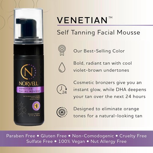 Norvell Venetian Sunless Facial Self Tanner Mousse - Instant Natural Glow, Streak-Free, 1.7 Fl Oz
