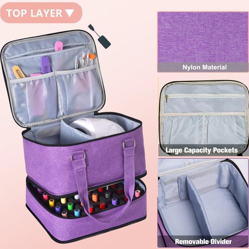 FCQQYWZ Large Nail Polish Organizer Case Hold 84+ Bottles Nail Polish & Nail Lamp, 3 Layers Nail Organizers and Storage for Nail Tech with Divider, Travel Carrying Case for Nail Polish Kit Set(Purple)