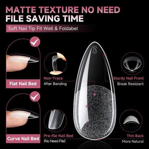 UNA GELLA Medium Almond Gel Nail Tips Half Matte 312pcs Almond Gel Nails No C Curve Clear False Fake Nails Effective Nail Extensions for DIY Art Salon-Level Press On Nails, 12 Sizes
