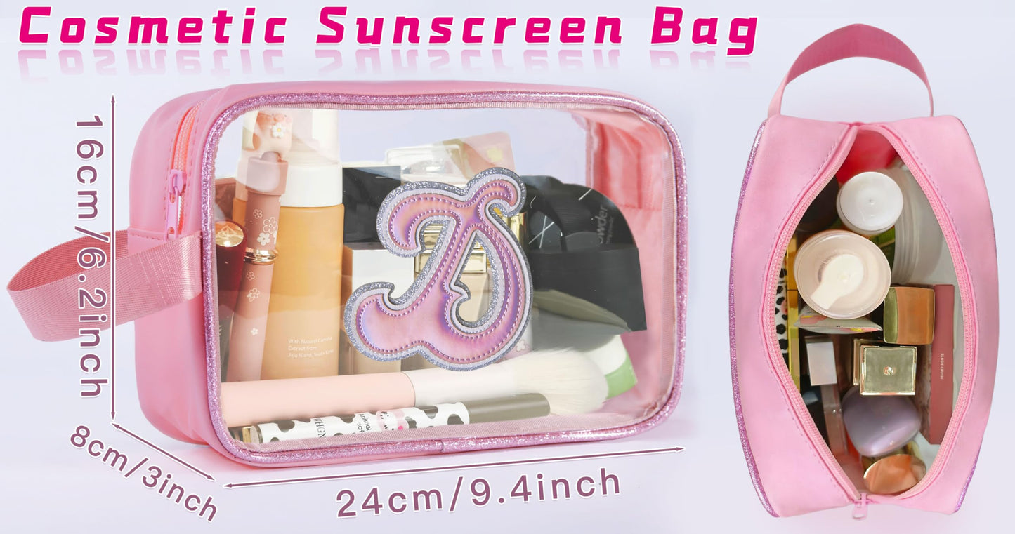 COSHAYSOO Clear Makeup Bag Preppy Initial Letter Cosmetic Toiletry Sunscreen Pouch Travel Essential Accessories Gifts for Women Girls Weekend Summer Holiday Airplane Plane Cruise Traveling Pink D
