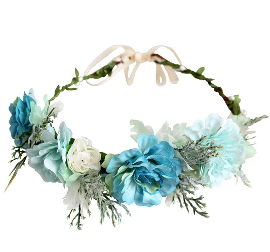 Vivivalue Fairy Flower Crown Blue Floral Headband Elf Headpiece for Women Girls Princess Wedding Bridal Shower Photo Prop Cosplay Renaissance