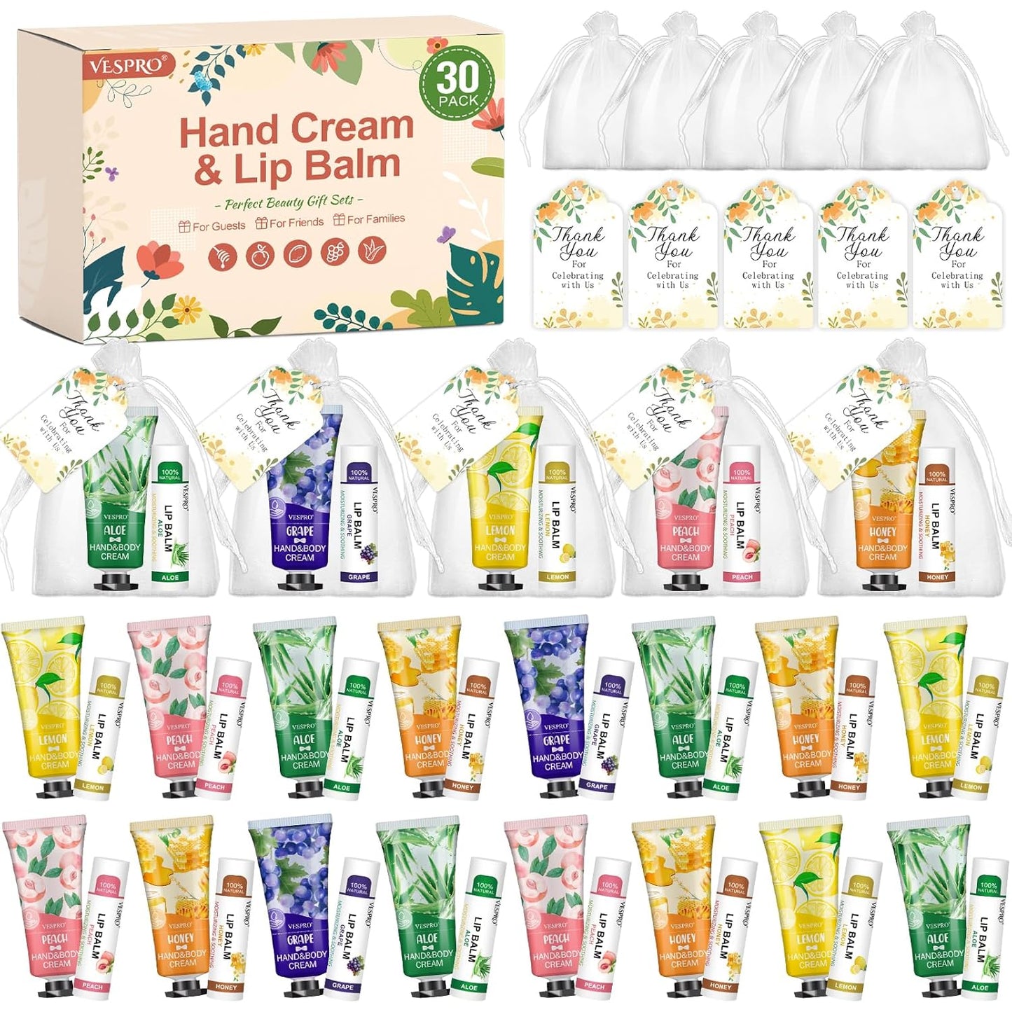 VESPRO Hand Cream & Lip Balm Set - 30 Pack with Thank You Cards & Organza Bags | Perfect for Mother's Day, Weddings & Gifts