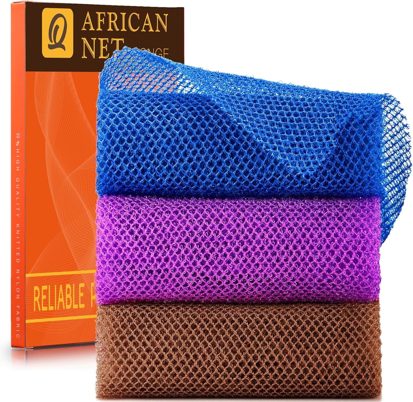 UJFQBH African Bath Sponge Set - Exfoliating Net Body Scrubber for Smooth Skin | 3 Pieces in Brown, Blue, Purple