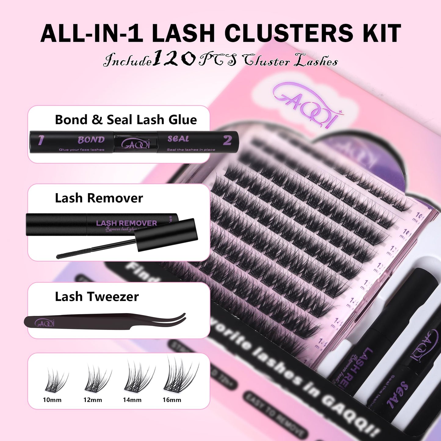 GAQQI Lash Clusters Kit, DIY Lash Extension Kit 120PCS Cluster Lashes C Curl, Wispy Eyelash Clusters 10-16MM with Lash Bond and Seal,Lash Remover and Lash Applicator (GQ03-KIT)