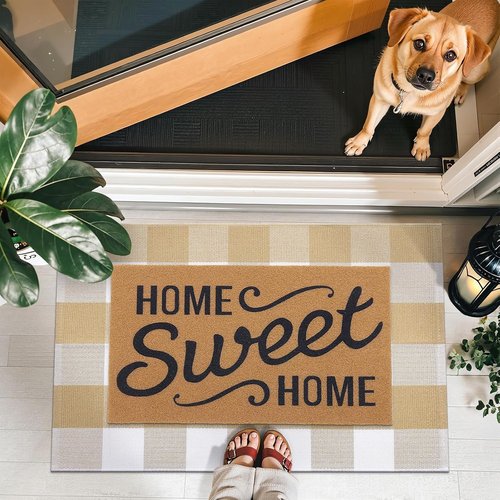 OLANLY Buffalo Plaid Rug - Beige & White Cotton Checkered Doormat | Washable 2' x 4'3" Indoor/Outdoor Decor