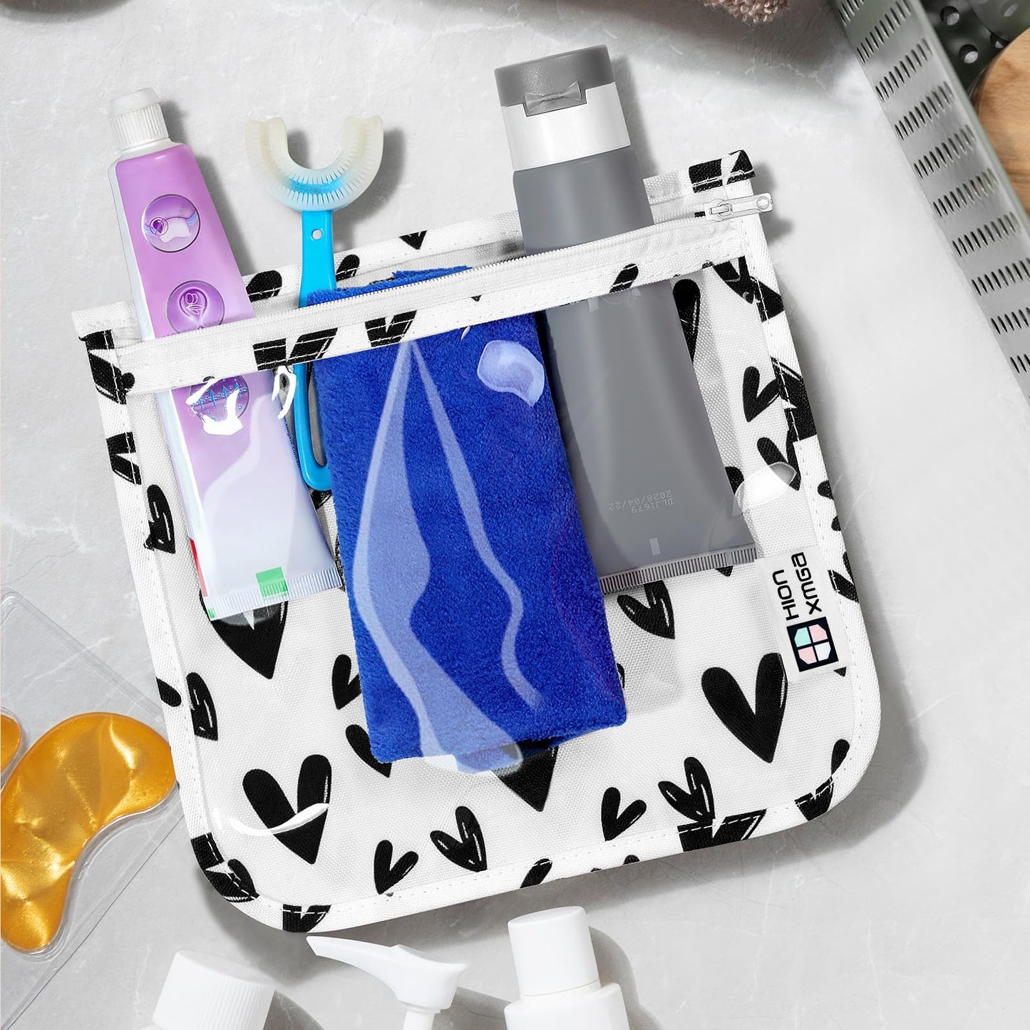 HIONXMGA TSA Approved Toiletry Bag, Set of 3 Clear Travel Toiletry Bag Quart Size Zipper Travel Pouch, Waterproof Makeup Cosmetic Bag for Women Men Kids Toiletries Carry on, Hearts Large