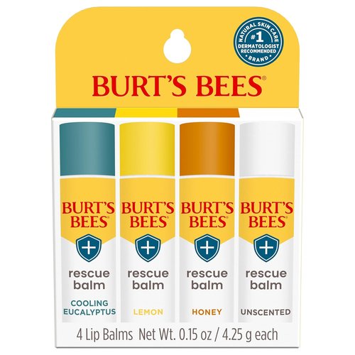 Burt's Bees Natural Rescue Lip Balm - Cooling Eucalyptus & Lemon | 4 Tubes, Perfect for Hydration