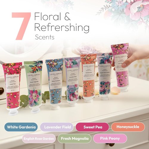Laura Ashley Hand Cream Set - 7-Piece Moisturizing Lotion Collection for Dry Skin | Travel Size 30ml Each