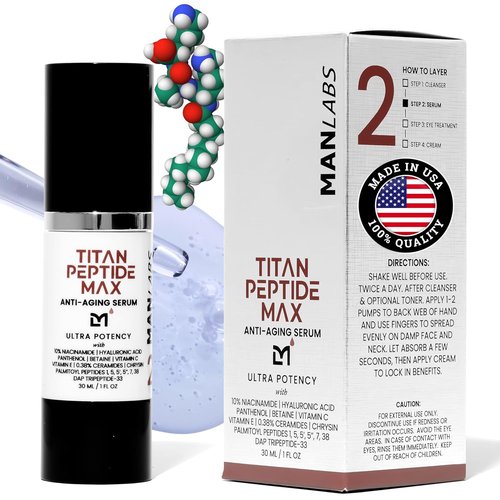 Man Labs Titan MAX Peptide Serum for Men - Anti-Aging Face Serum with Copper Peptides & 10% Niacinamide - Unscented Moisturizer for Eye Bags & Skin Care