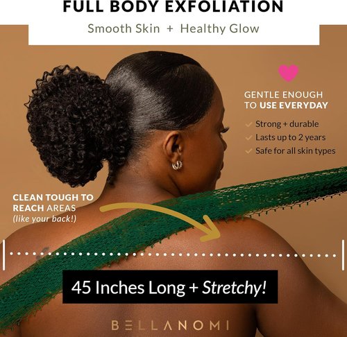 Bellanomi African Exfoliating Net Sponge - Authentic Back Scrubber, 45 Inches Long | Emerald Green