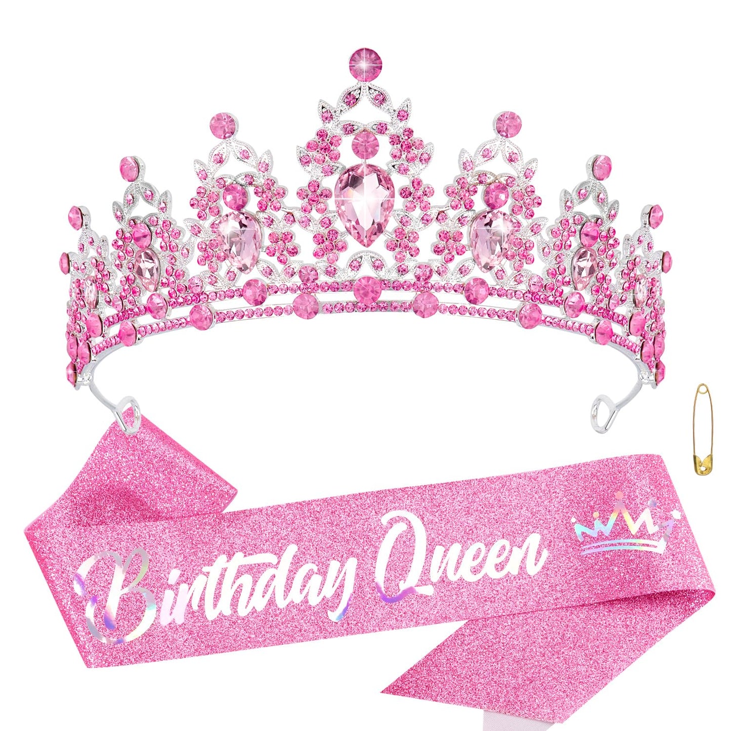 Atoden Pink Birthday Crown and Birthday Queen Sash Tiara Birthday Girls Crystal Crown for Women Princess Birthday Party Decorations Rhinestone Happy Birthday Accessories for Party Birthday Gifts