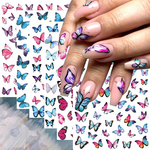 6Pcs Butterfly Nail Art Stickers 3D Self Adhesive Nail Art Supplies Blue Pink Colorful Butterflies Nail Decals with Charm Designs Nail Gel Transfer Spring Butterfly Nail Sticker Girls Manicure Decor