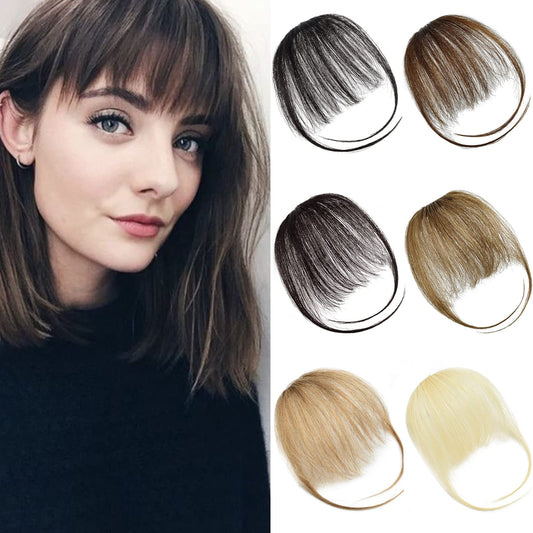 DILUSILK Clip in Bangs Human Hair Front Fringe French Flat Bangs Hair Extensions Bang Hair Clips for Women Soft Hair Medium Brown