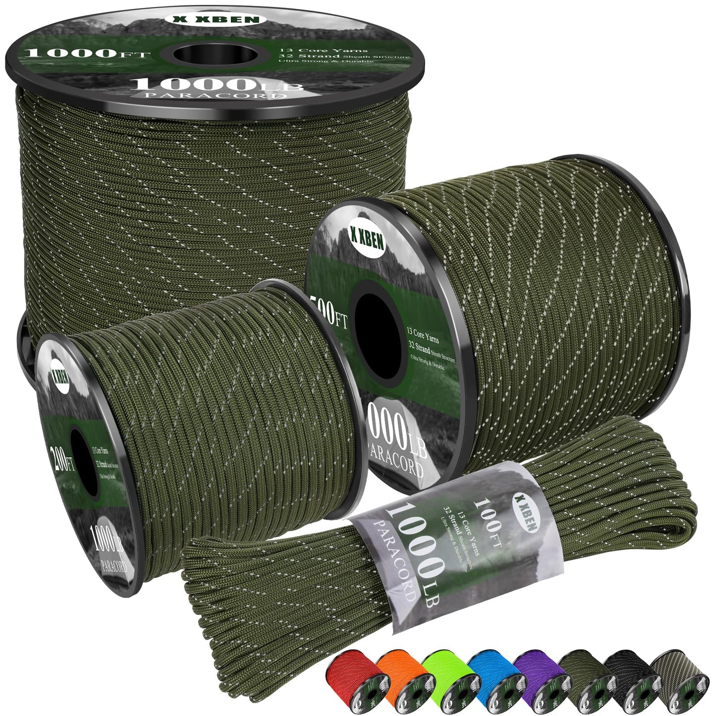X XBEN Paracord Reflective 1000lb, 50/100/200/500/1000ft 4mm, 13 Strand Paracord Rope, Tactical Parachute Cord for Camping, Fishing, Clothesline, Hammock, Tent & Survival Bracelet, Army Green
