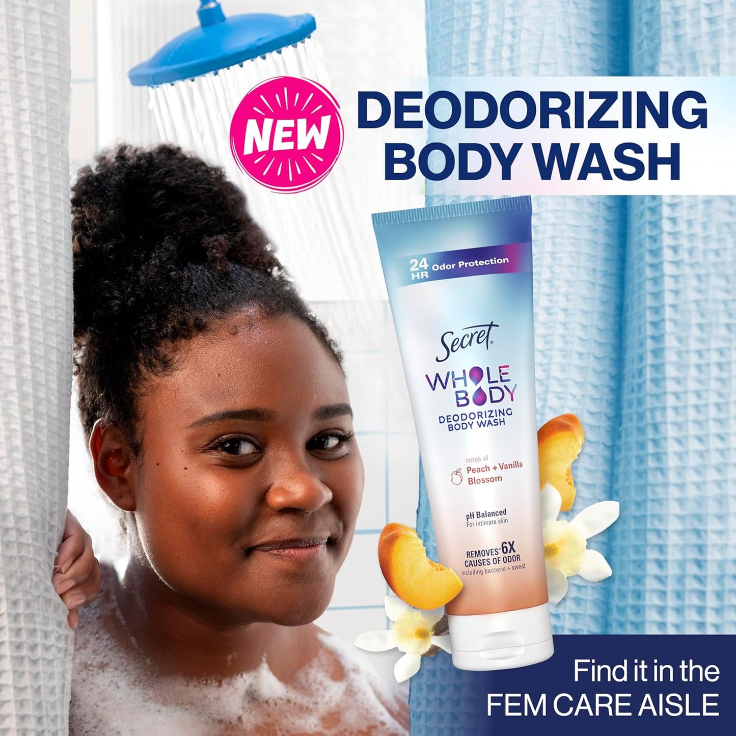 Secret Feminine Wash - 24 HR Deodorizing Body Wash for Women | PH Balanced, Peach & Vanilla Blossom, 8 oz