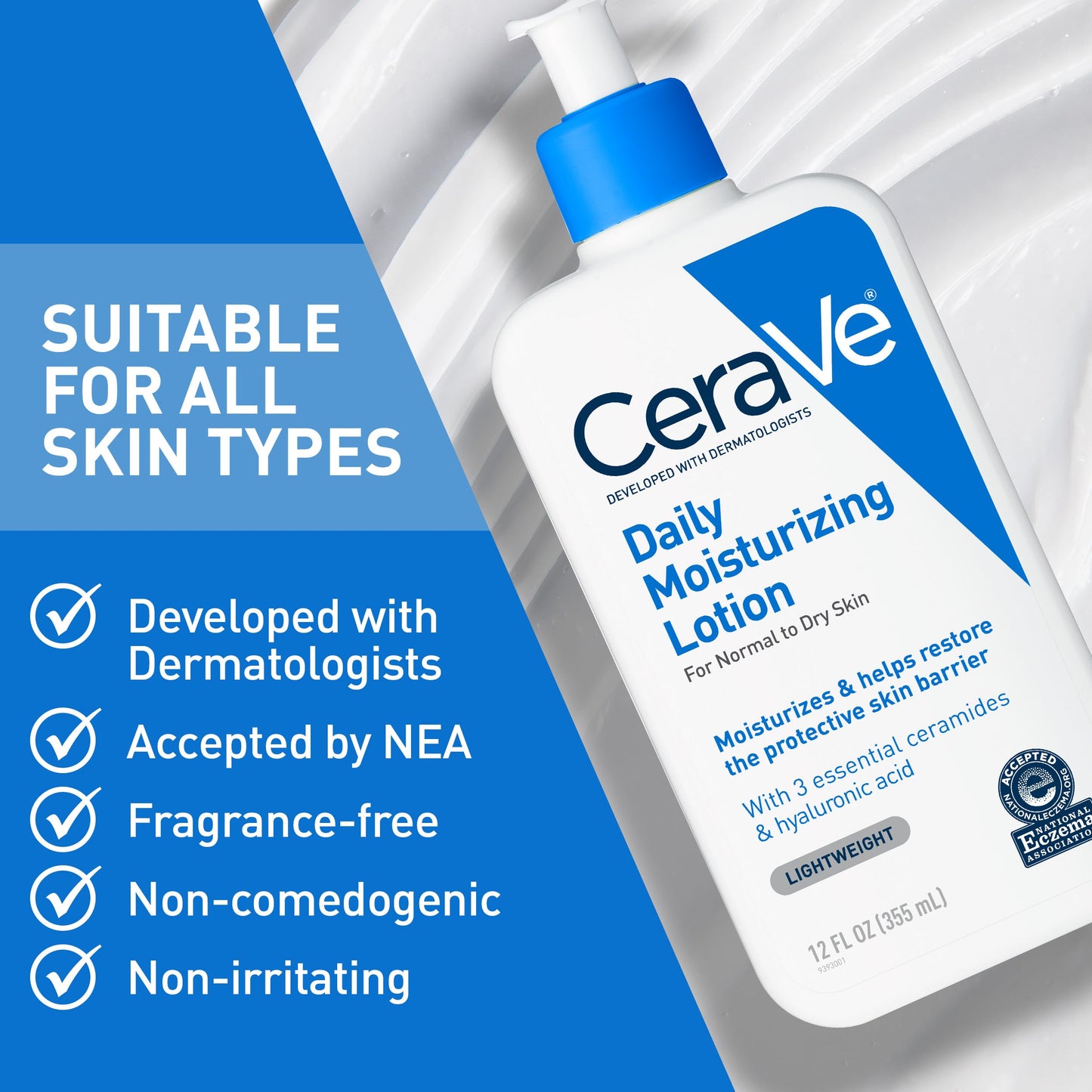 CeraVe Daily Moisturizing Lotion for Dry Skin, Body Lotion & Face Moisturizer with Hyaluronic Acid and Ceramides, Daily Moisturizer, Fragrance Free, Oil-Free, 12 Ounce