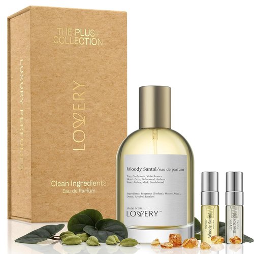 LOVERY Woody Santal Sandalwood - Perfume with Travel Spray Bottle - Unisex Eau De Parfum, Clean Ingredients, 100ml + 2ml