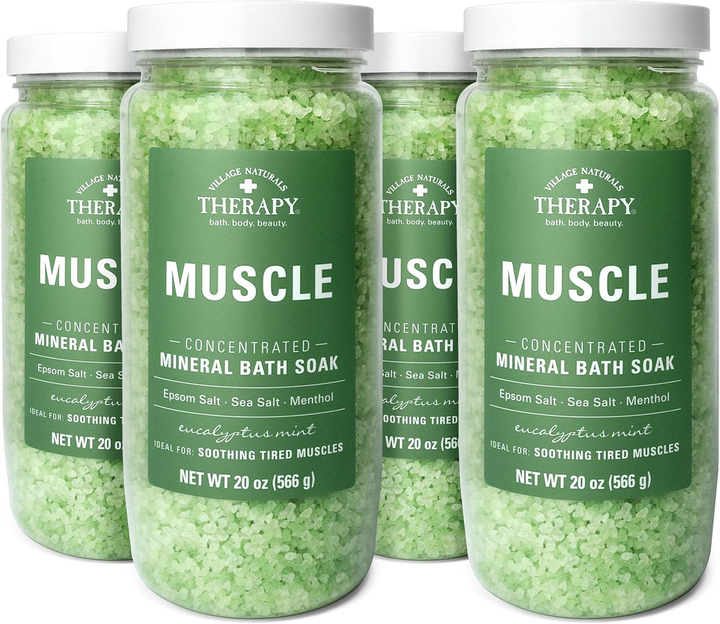 Village Naturals Therapy Muscle Mineral Bath Soak - Eucalyptus Mint Scent, 20 oz | Pack of 4