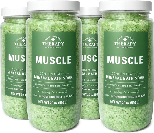 Village Naturals Therapy Muscle Mineral Bath Soak - Eucalyptus Mint Scent, 20 oz | Pack of 4