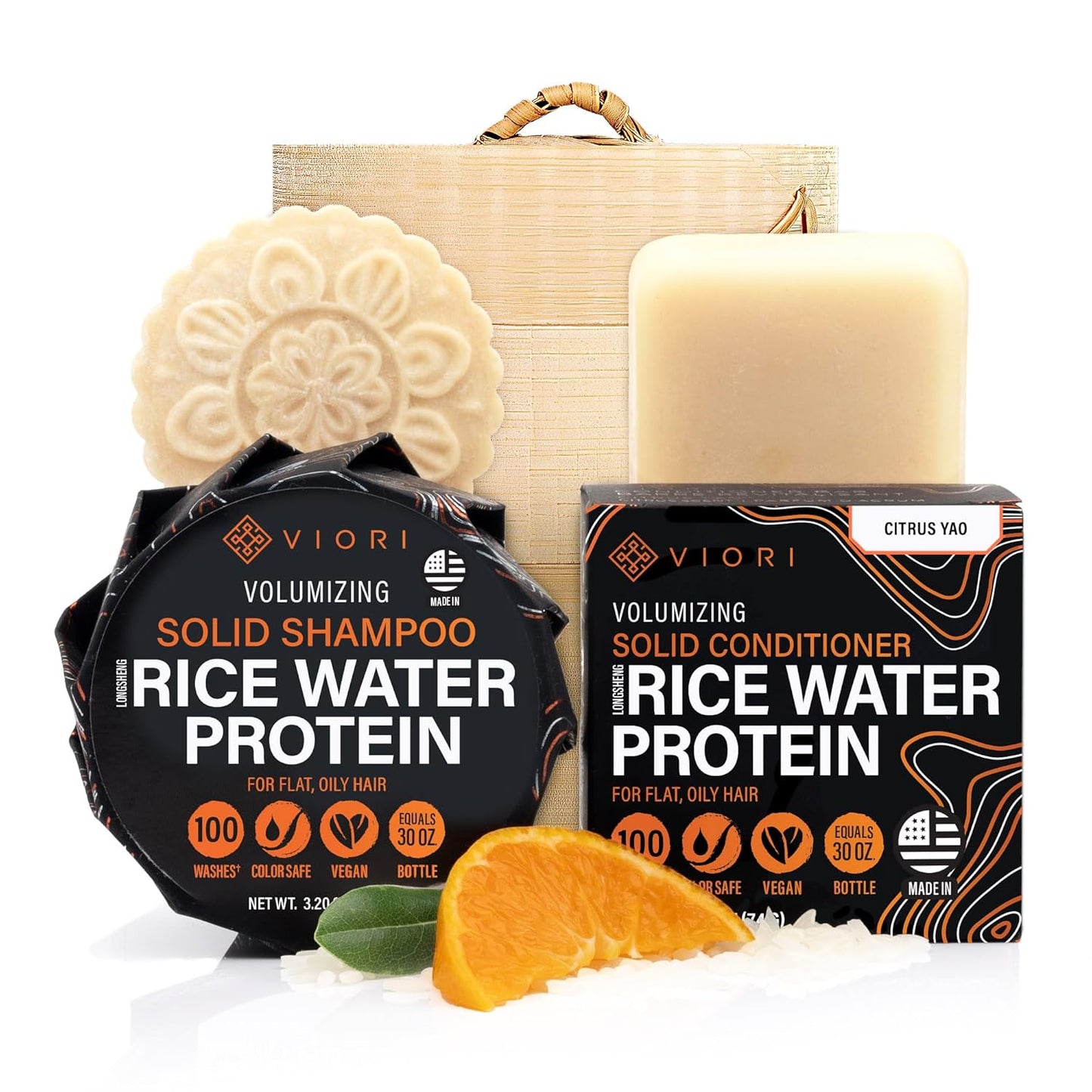 Viori Citrus Yao Shampoo & Conditioner Bar Set | Handcrafted Rice Water Formula for Hair Growth - Eco-Friendly Bamboo Holder