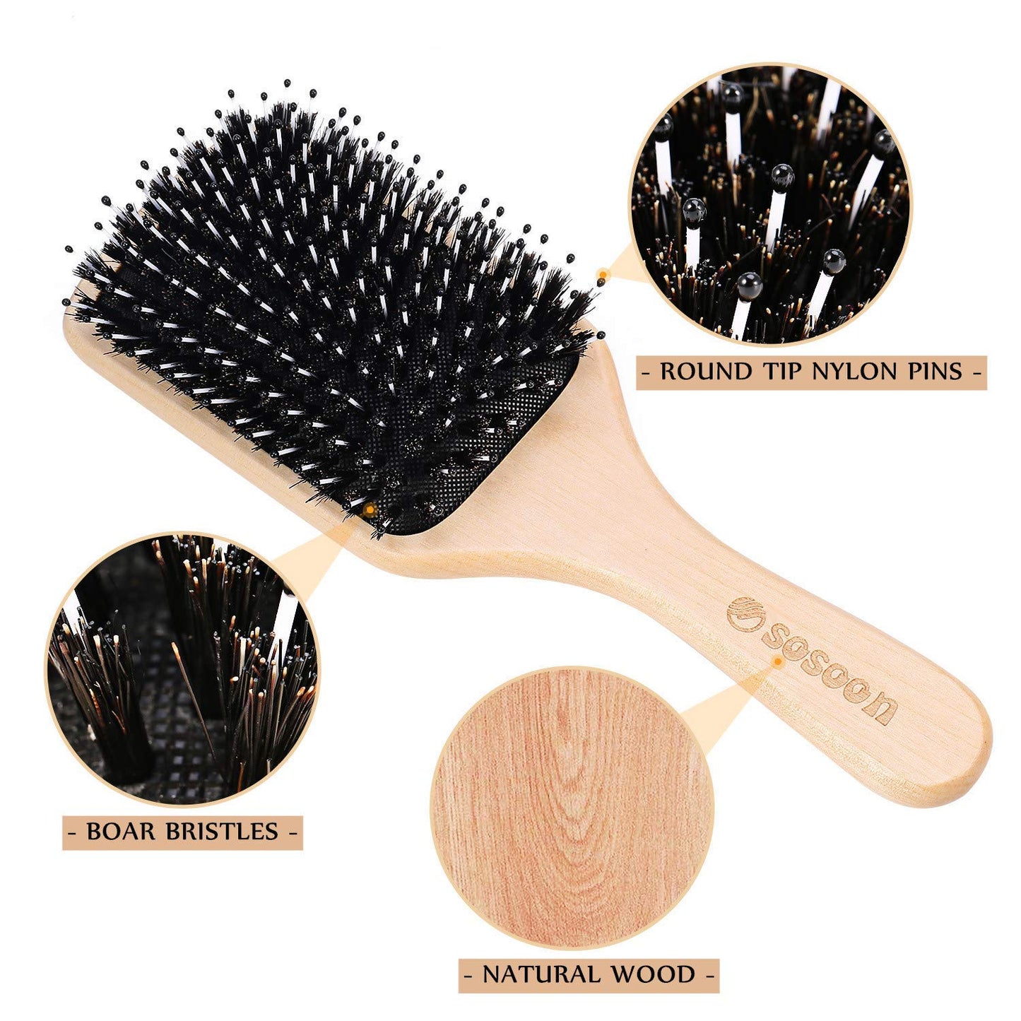 Sosoon Boar Bristle Paddle Hairbrush - Tangle-Free Styling for All Hair Types | Gift Box & Tail Comb Included