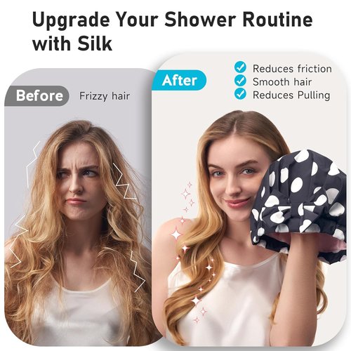 LitBear Luxury Silk Lined Shower Cap - Waterproof, Adjustable, Double Layered for Long & Short Hair - Black Dots